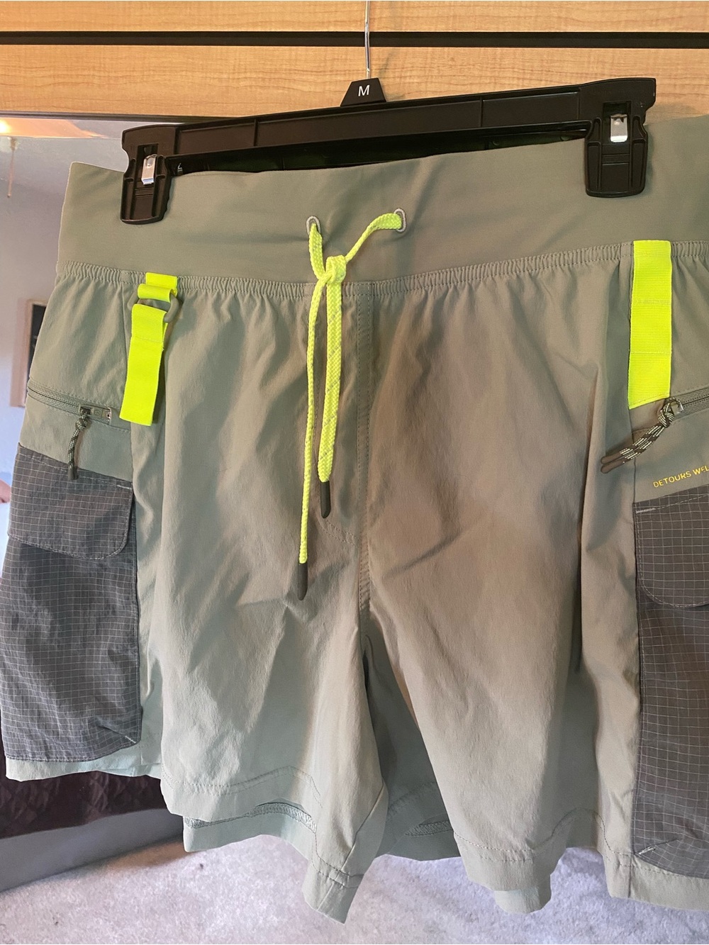Womens Lululemon Detours Welcome Olive Green Active Shorts with Neon Accents